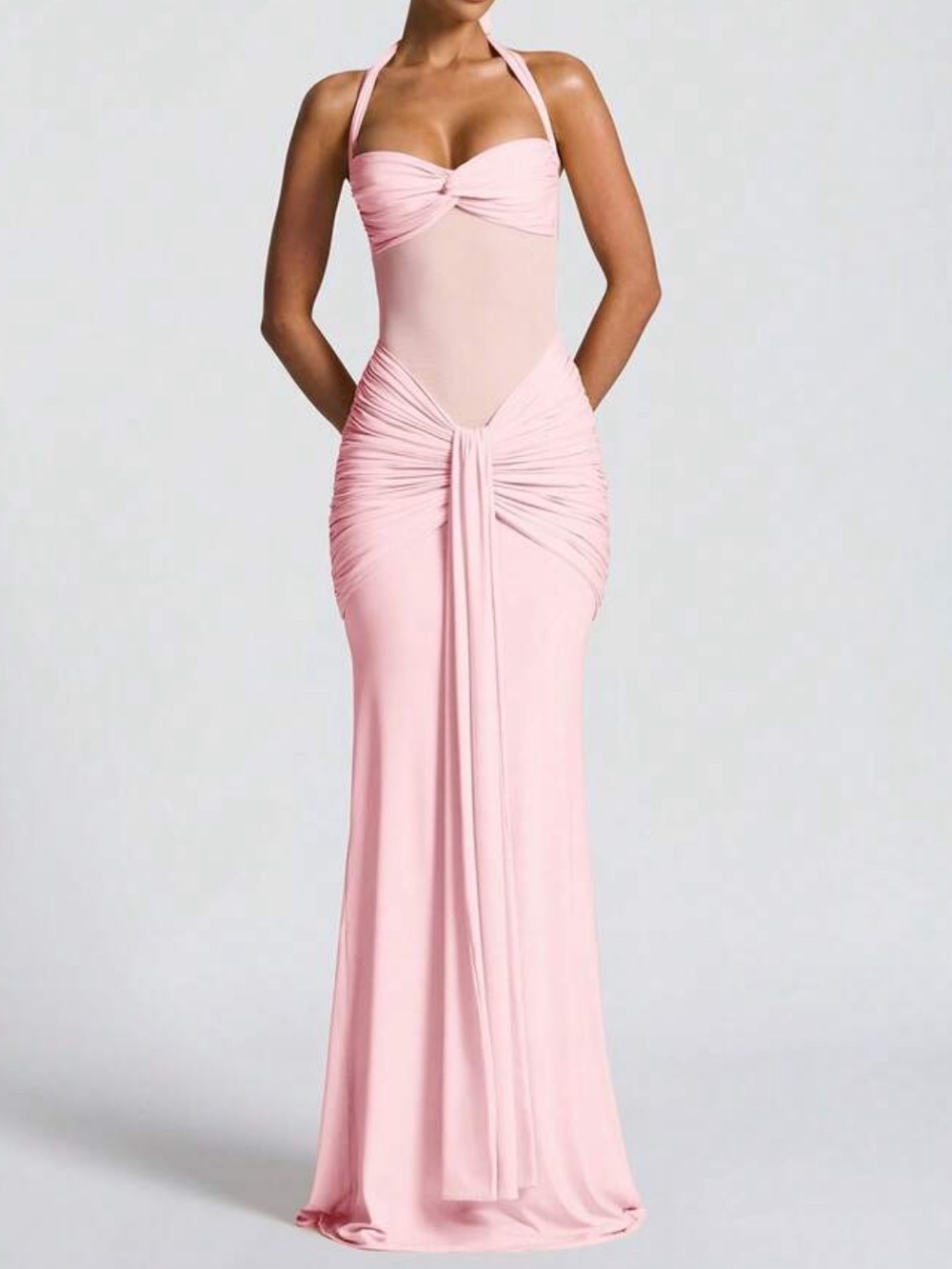 Sexy Spaghetti Strap Backless Waist Cinched High Slit Dress, Mesh Patchwork Vaca